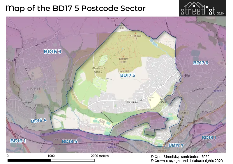 Map of the BD17 5 and surrounding postcode sector
