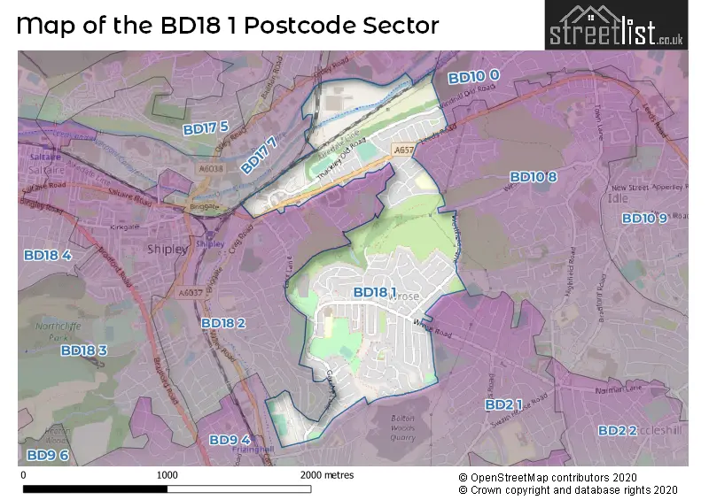 Map of the BD18 1 and surrounding postcode sector
