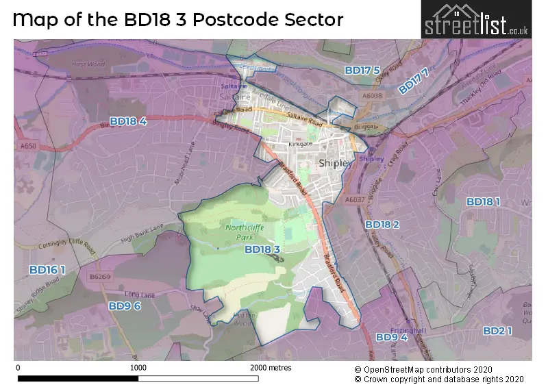Map of the BD18 3 and surrounding postcode sector