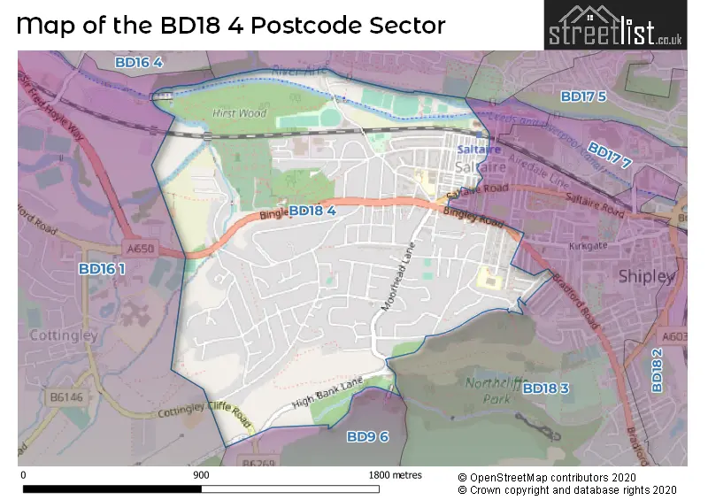 Map of the BD18 4 and surrounding postcode sector