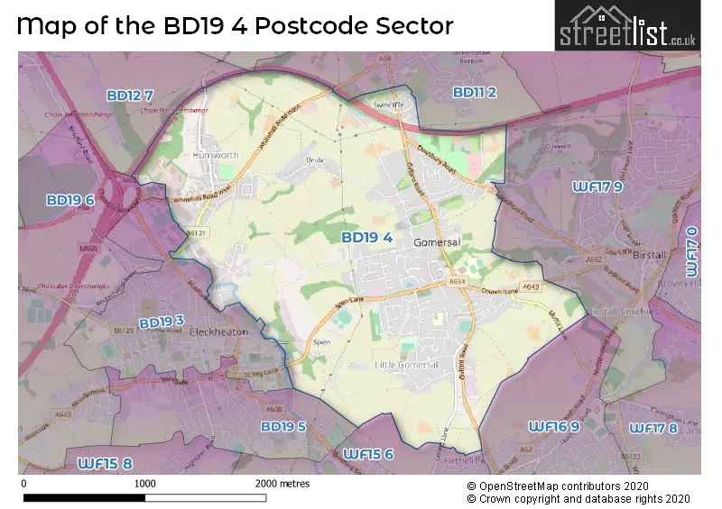 Map of the BD19 4 and surrounding postcode sector
