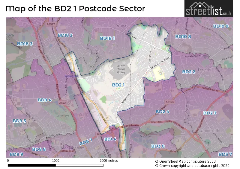 Map of the BD2 1 and surrounding postcode sector