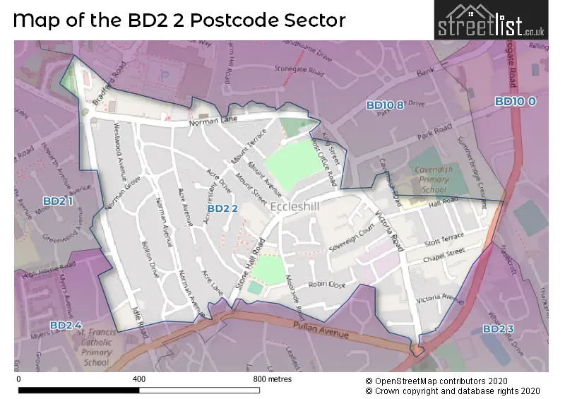 Map of the BD2 2 and surrounding postcode sector