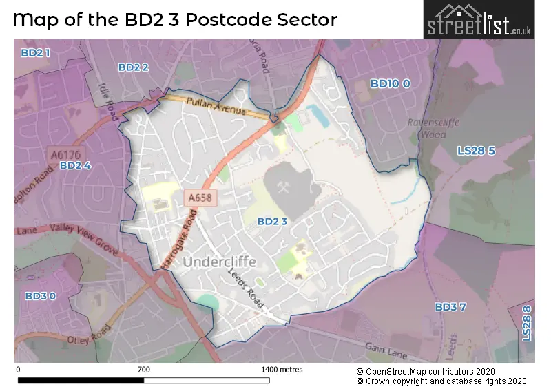 Map of the BD2 3 and surrounding postcode sector