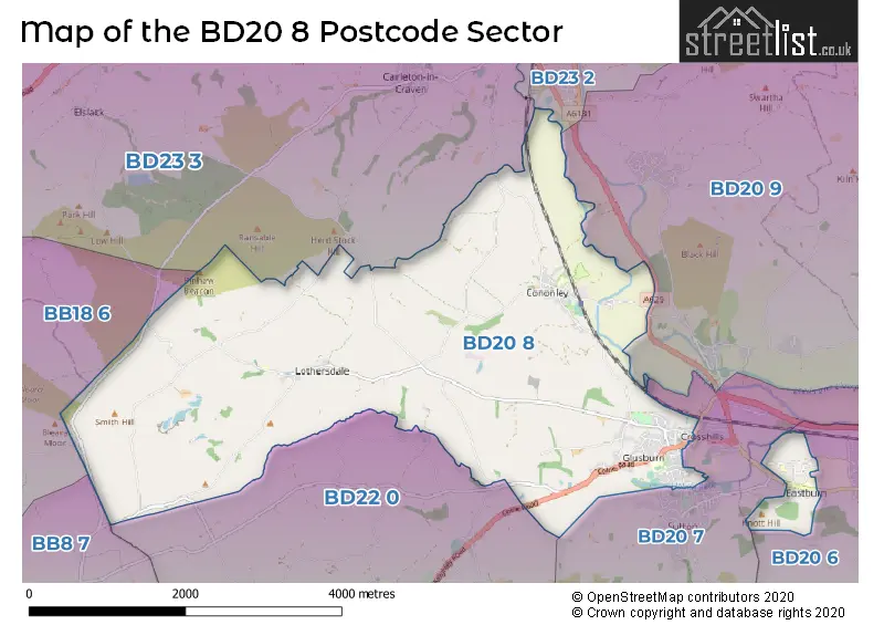 Map of the BD20 8 and surrounding postcode sector