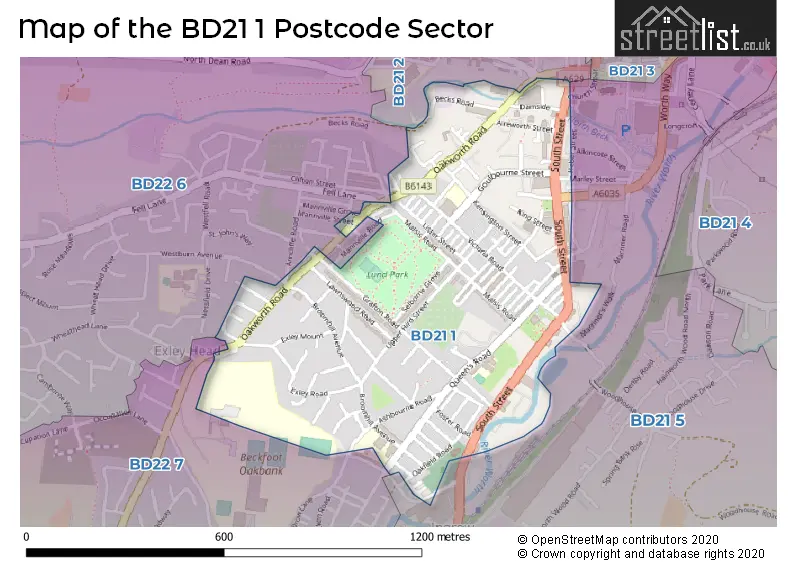 Map of the BD21 1 and surrounding postcode sector