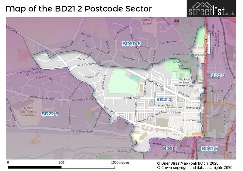 Map of the BD21 2 and surrounding postcode sector