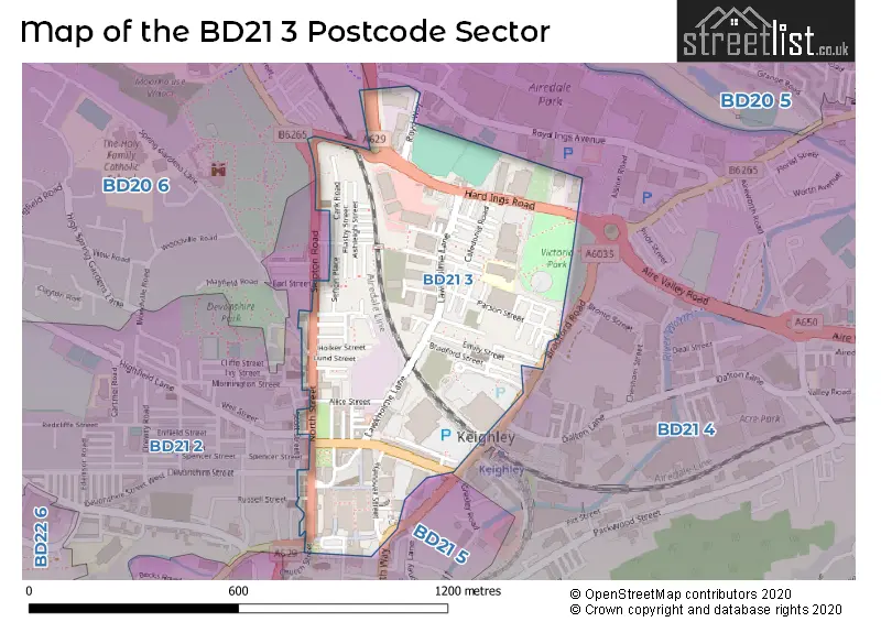 Map of the BD21 3 and surrounding postcode sector