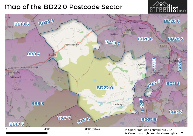 Map of the BD22 0 and surrounding postcode sector