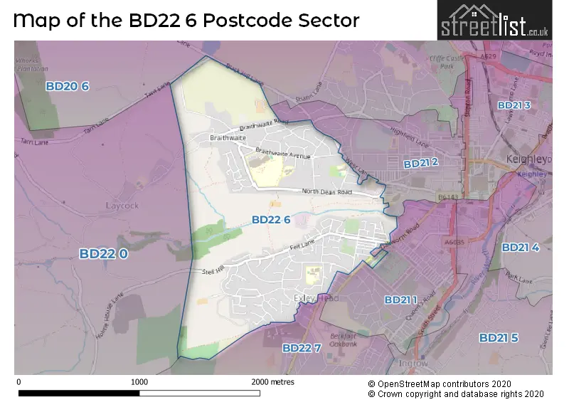 Map of the BD22 6 and surrounding postcode sector