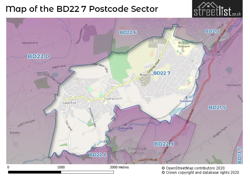Map of the BD22 7 and surrounding postcode sector