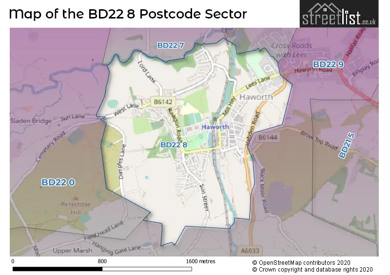 Map of the BD22 8 and surrounding postcode sector
