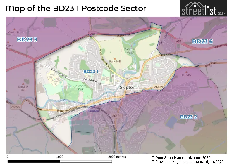 Map of the BD23 1 and surrounding postcode sector