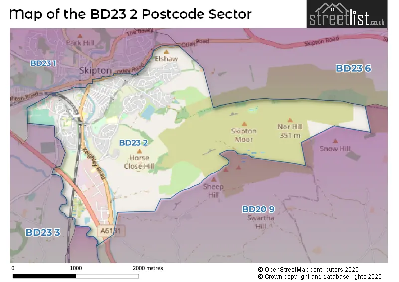 Map of the BD23 2 and surrounding postcode sector