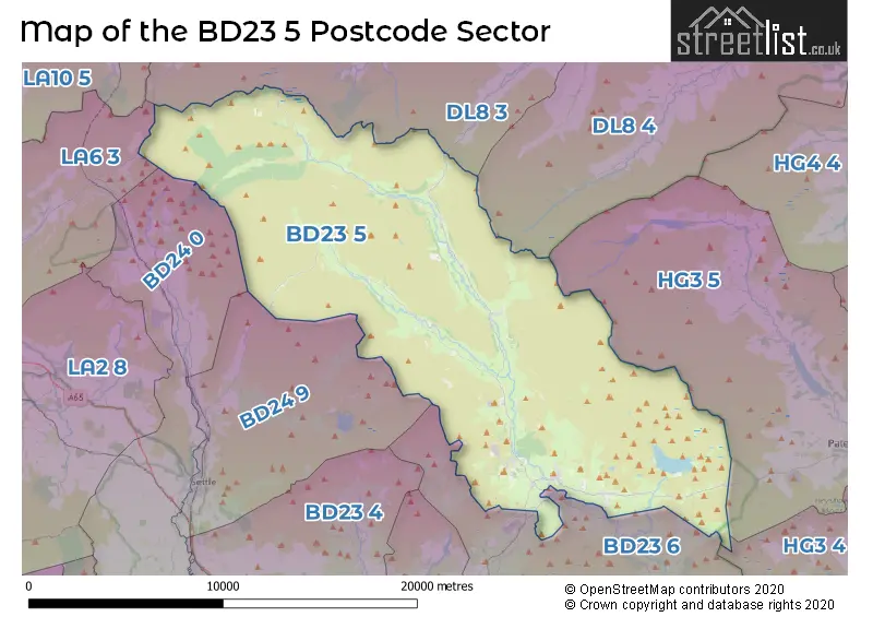 Map of the BD23 5 and surrounding postcode sector