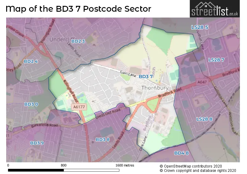 Map of the BD3 7 and surrounding postcode sector