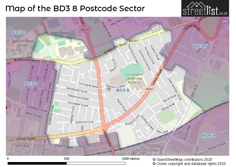 Map of the BD3 8 and surrounding postcode sector