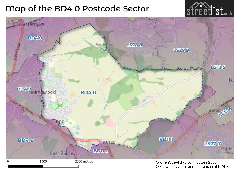 Map of the BD4 0 and surrounding postcode sector