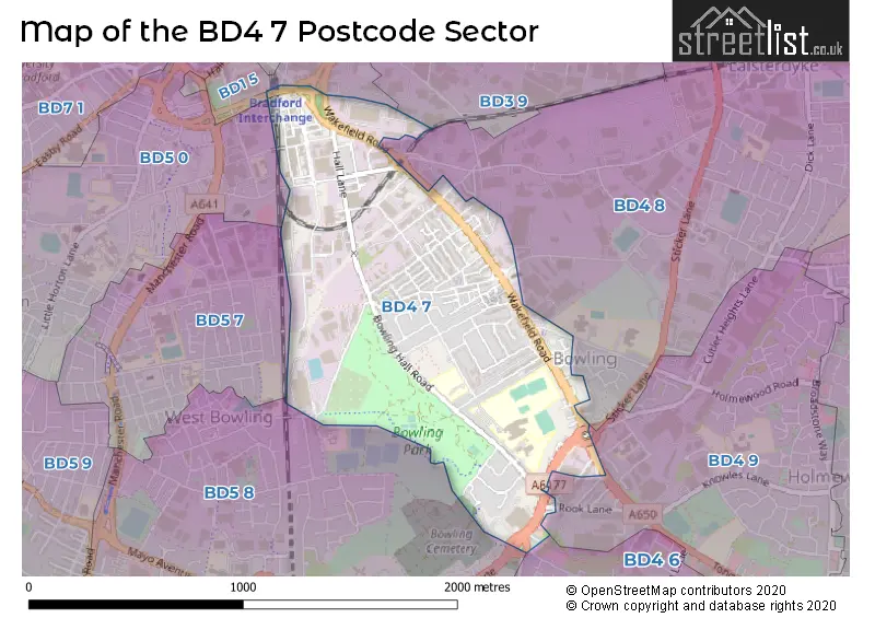 Map of the BD4 7 and surrounding postcode sector