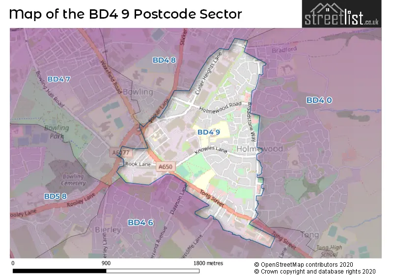 Map of the BD4 9 and surrounding postcode sector
