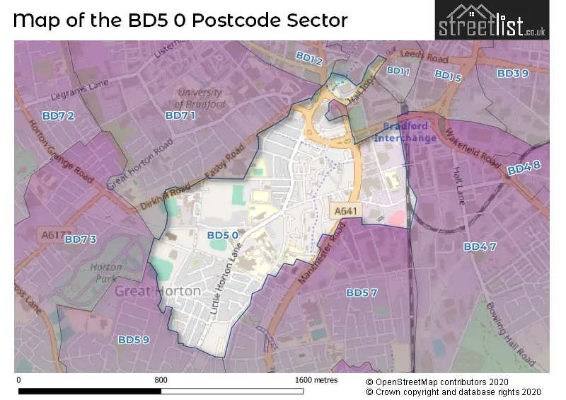 Map of the BD5 0 and surrounding postcode sector