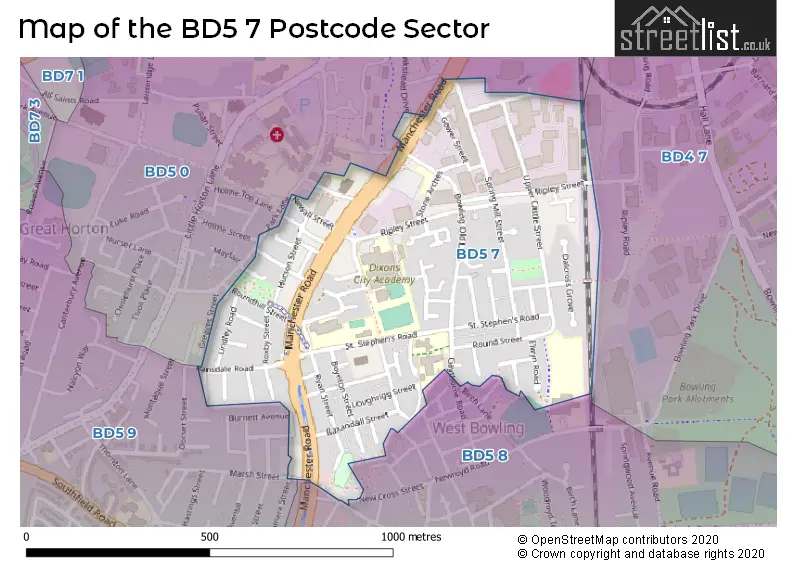 Map of the BD5 7 and surrounding postcode sector