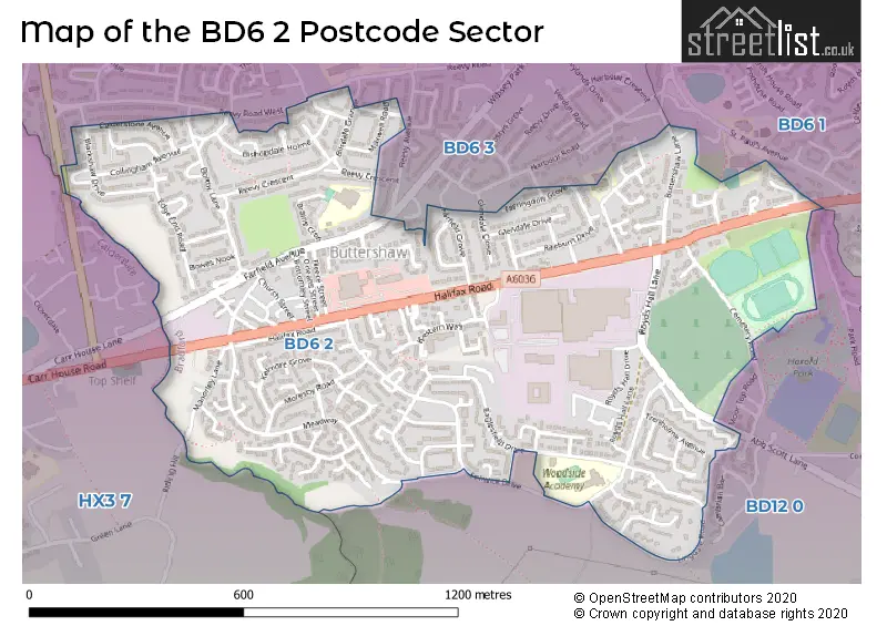 Map of the BD6 2 and surrounding postcode sector