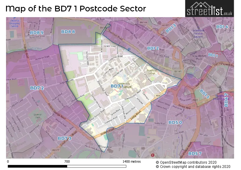 Map of the BD7 1 and surrounding postcode sector