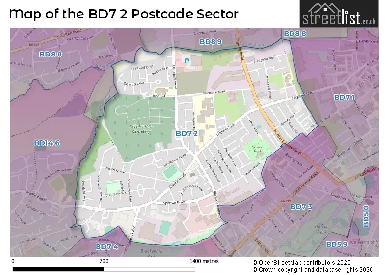 Map of the BD7 2 and surrounding postcode sector