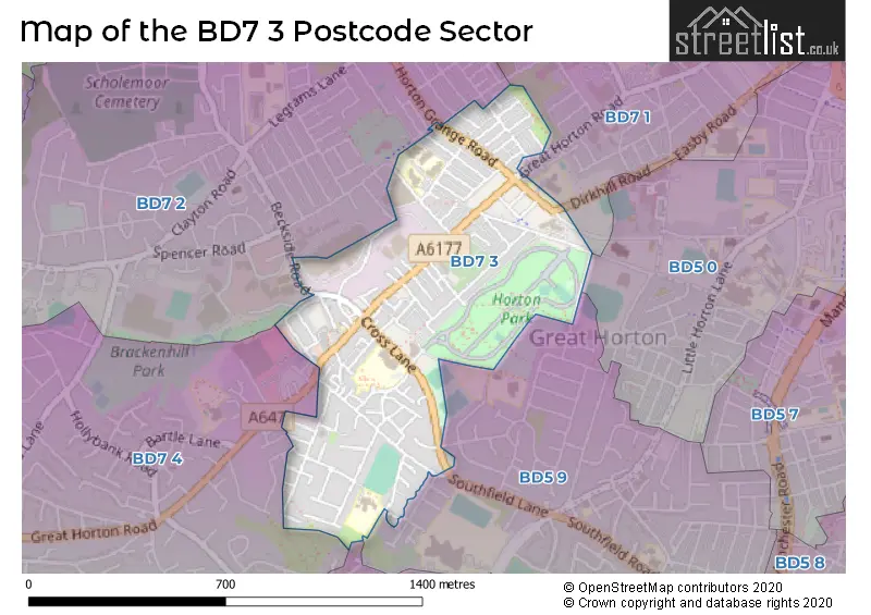 Map of the BD7 3 and surrounding postcode sector