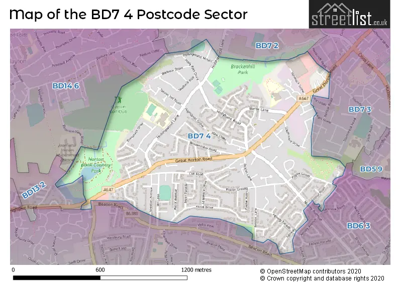 Map of the BD7 4 and surrounding postcode sector