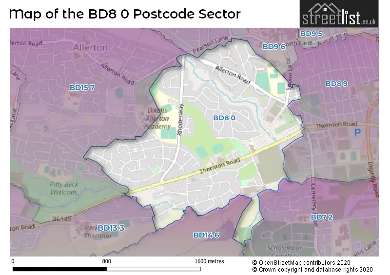 Map of the BD8 0 and surrounding postcode sector