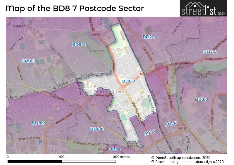 Map of the BD8 7 and surrounding postcode sector