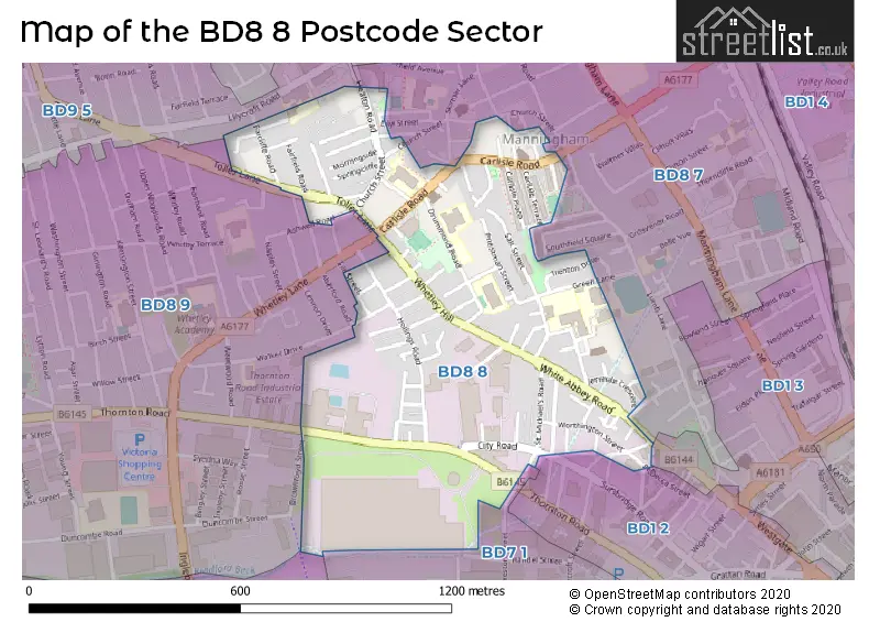 Map of the BD8 8 and surrounding postcode sector
