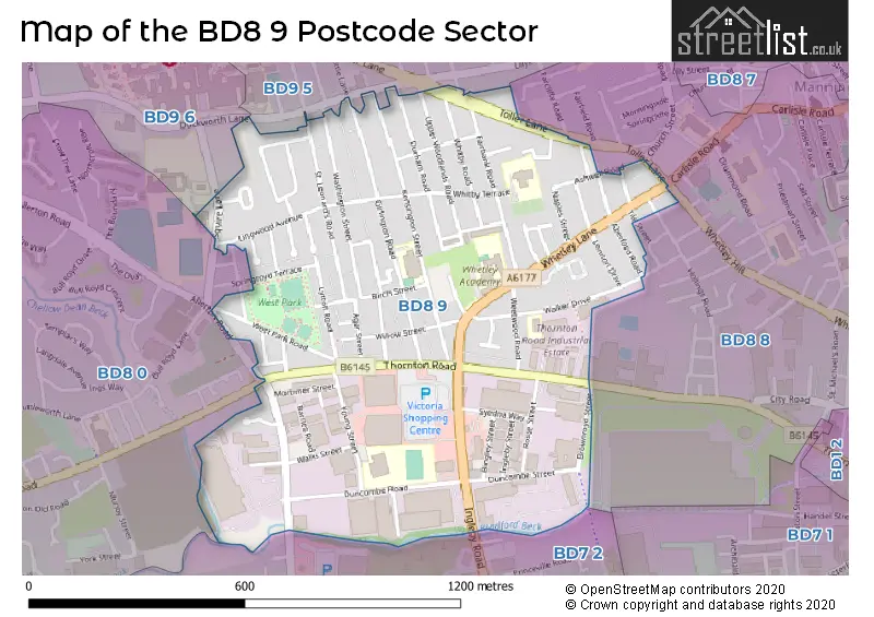 Map of the BD8 9 and surrounding postcode sector