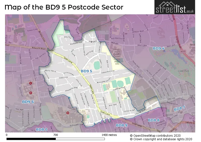 Map of the BD9 5 and surrounding postcode sector