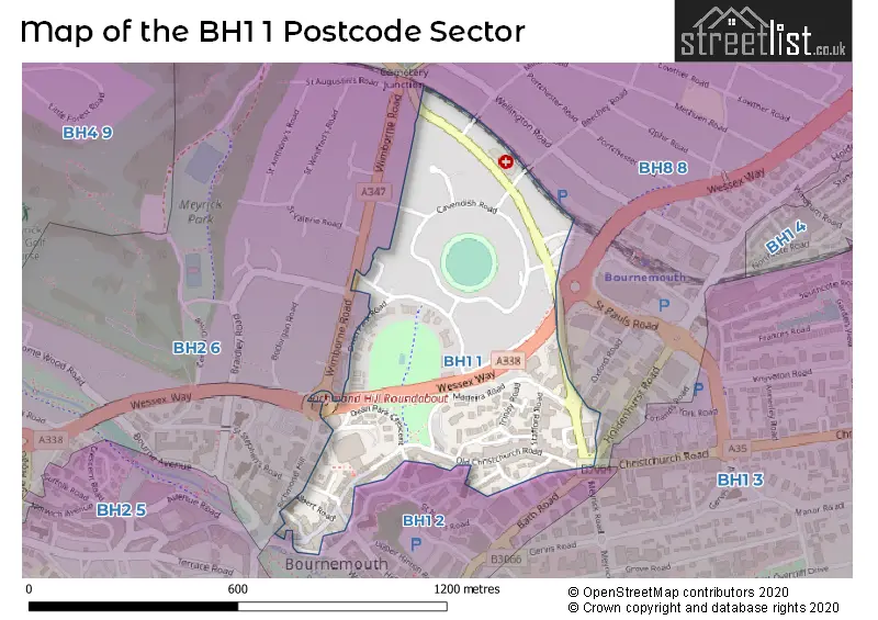 Map of the BH1 1 and surrounding postcode sector
