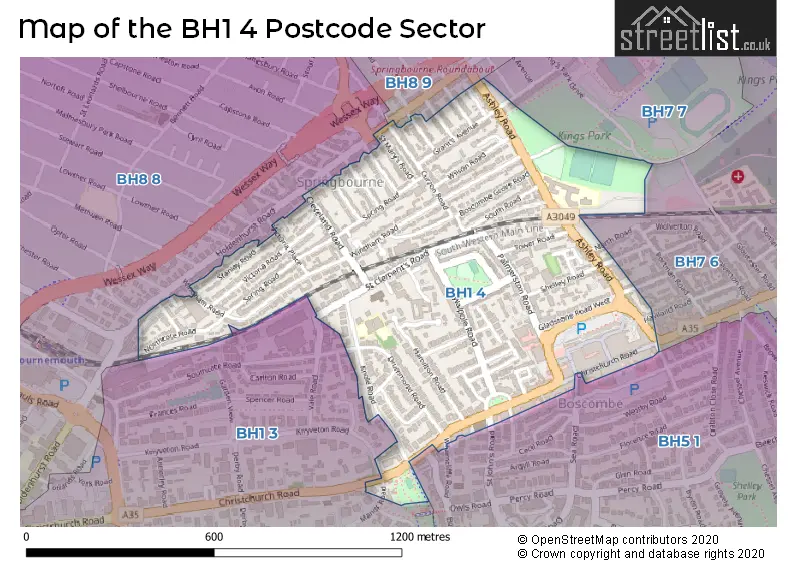 Map of the BH1 4 and surrounding postcode sector