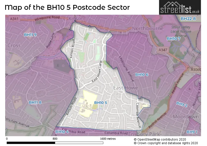 Map of the BH10 5 and surrounding postcode sector