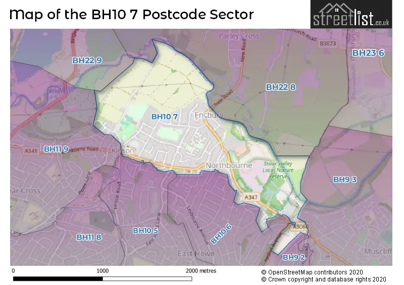 Map of the BH10 7 and surrounding postcode sector