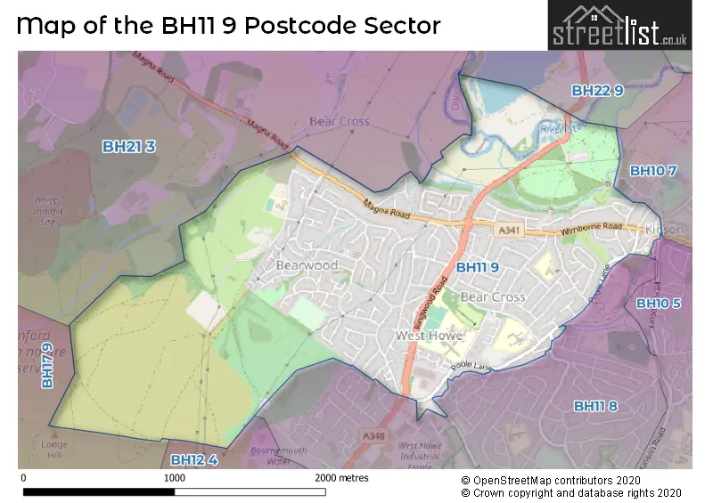 Map of the BH11 9 and surrounding postcode sector