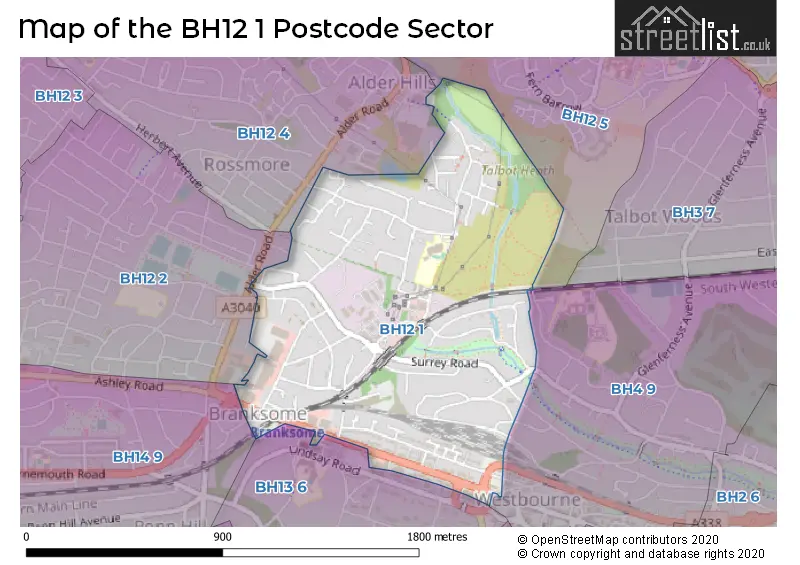 Map of the BH12 1 and surrounding postcode sector