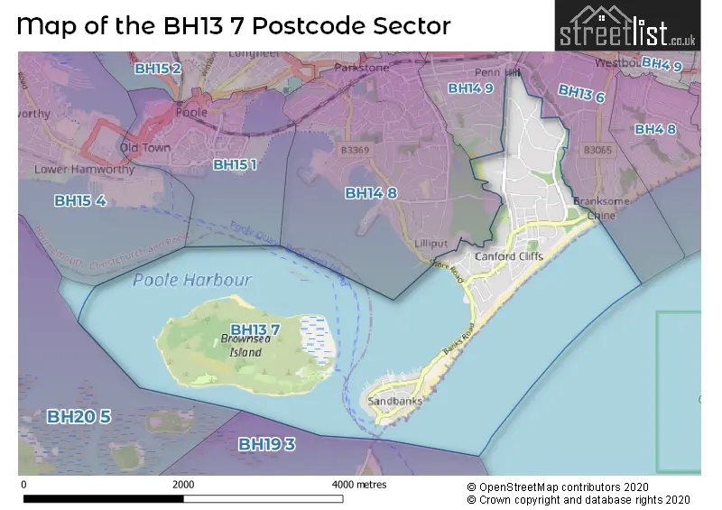 Map of the BH13 7 and surrounding postcode sector