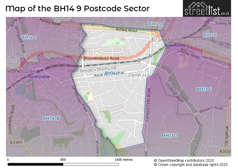 Map of the BH14 9 and surrounding postcode sector