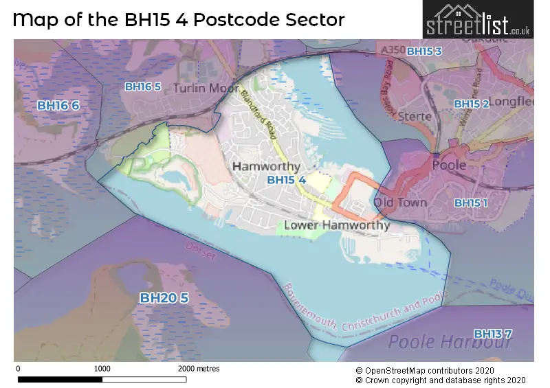Map of the BH15 4 and surrounding postcode sector