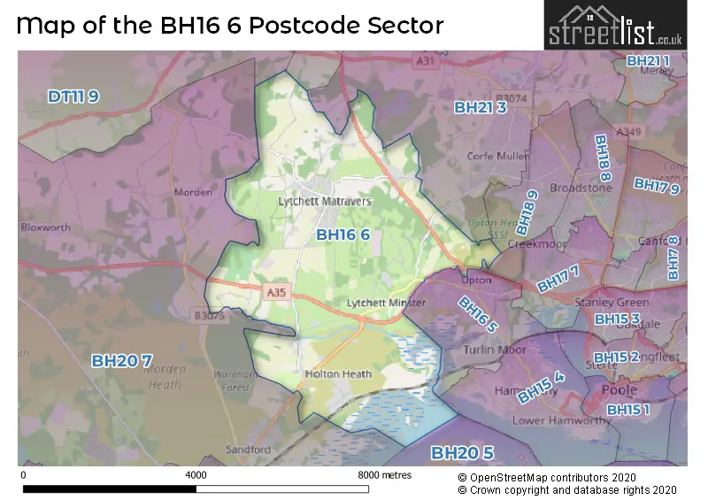 Map of the BH16 6 and surrounding postcode sector