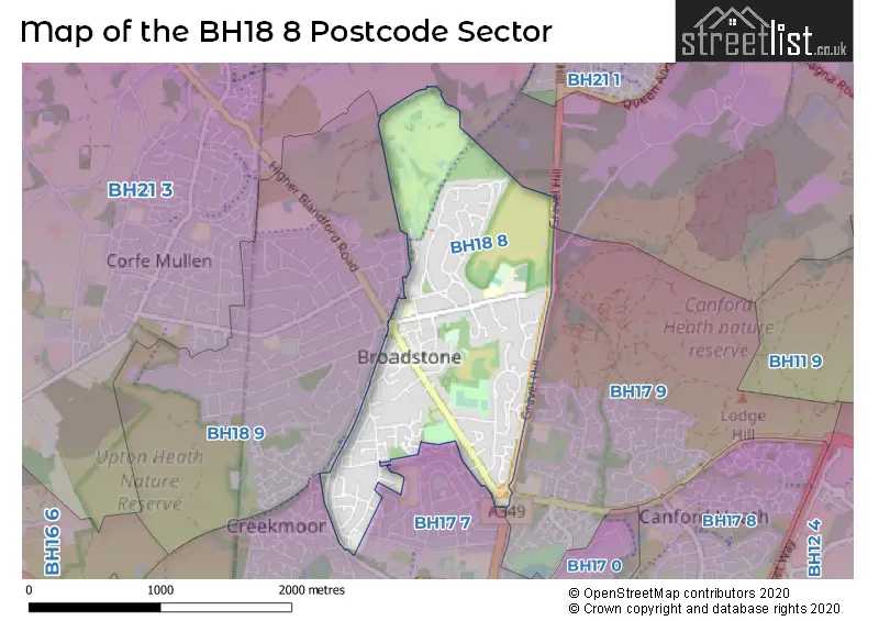 Map of the BH18 8 and surrounding postcode sector