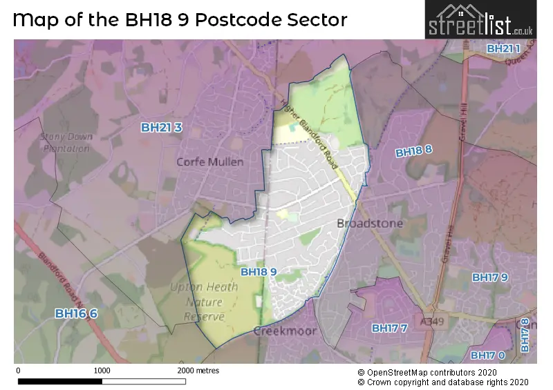 Map of the BH18 9 and surrounding postcode sector