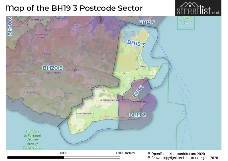 Map of the BH19 3 and surrounding postcode sector