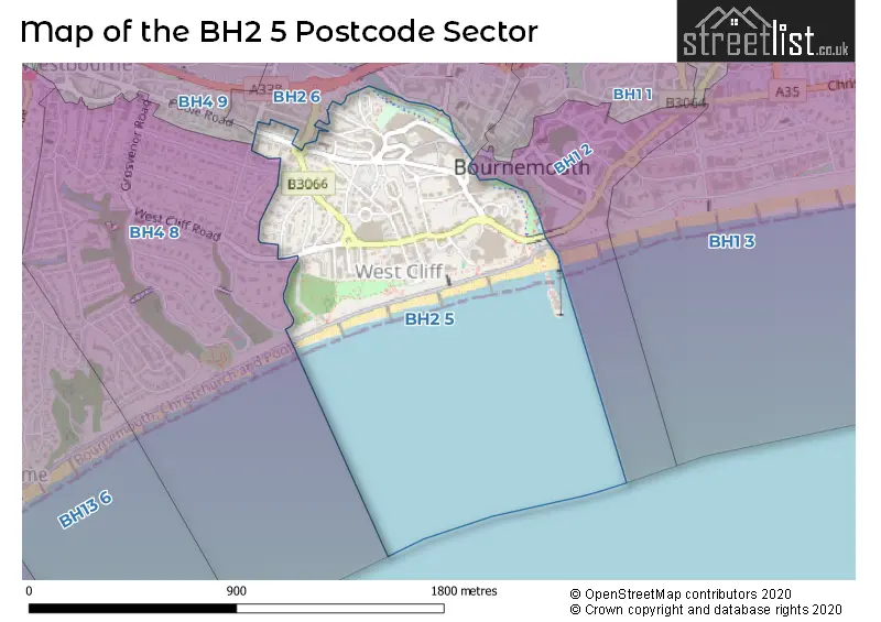 Map of the BH2 5 and surrounding postcode sector
